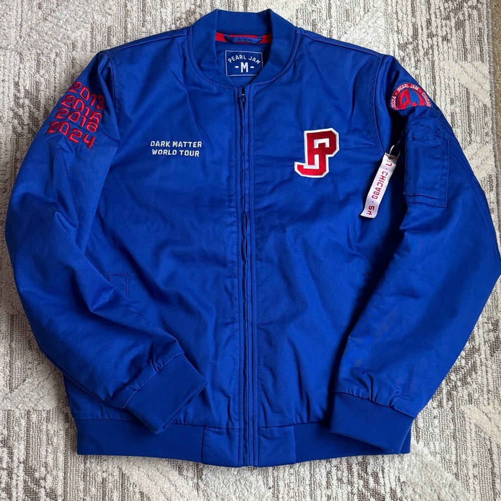 Unisex Pearl Jam Chicago Blue Bomber Jacket with Red Accents